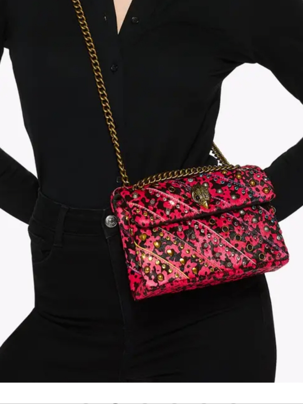 Kurt Geiger Mini Kensington Red Calf Hair Leopard-Print Studded Chain Bag